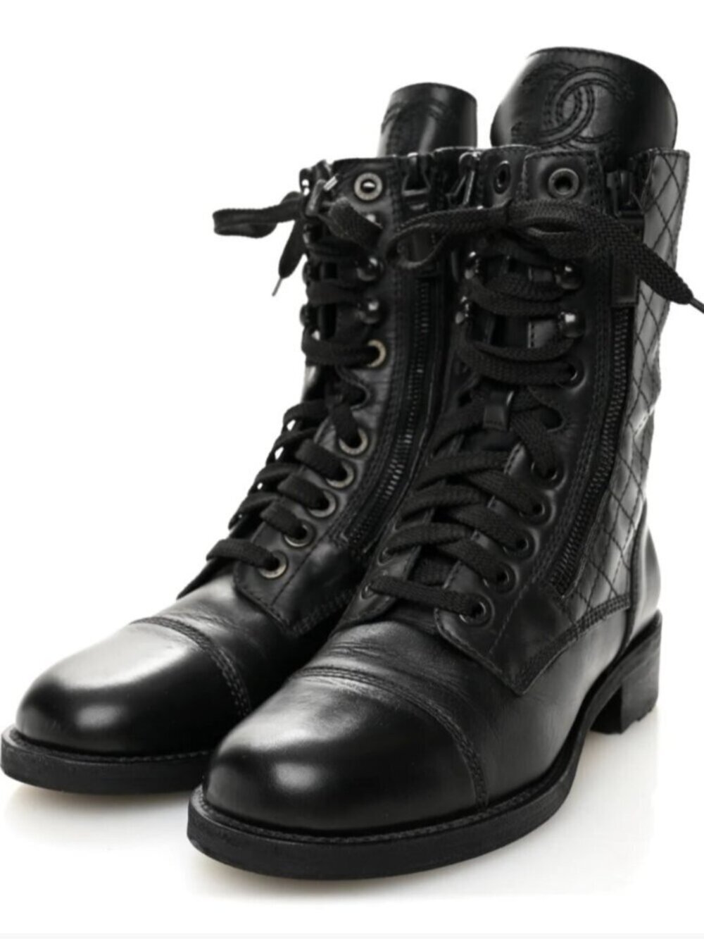 Chanel Iconic Logo Classic Calfskin Leather Diamond Stitch Combat Boots size 37